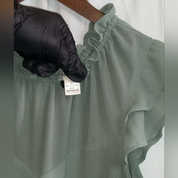 Monteau Small Sage Green Ruffle Tie Neck Blouse Short Flowy Fairy Cool Green Cap - Picture 4 of 5